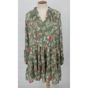 Altar'd State Dress Womens S Green Floral Tiered Peasant Sleeve Mini Boho Puff